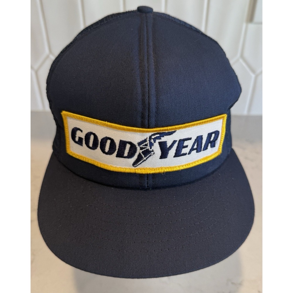 NOS Vintage Swingster GOODYEAR Patch Snapback Trucker Hat Navy Blue Yellow USA